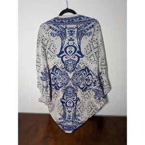Buttons Brand Open-Knit Cardigan shrug shawl L Blue White Textured Aztec Boho EU